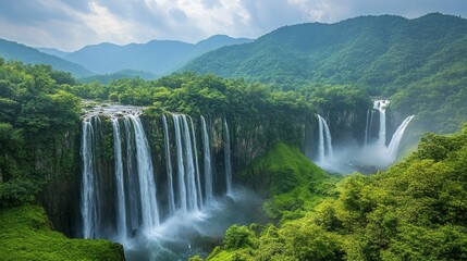 Naklejka premium Majestic waterfalls in lush mountain valley