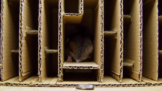 A POV-style footage of a hamster going through an elaborate cardboard maze with treats at the end