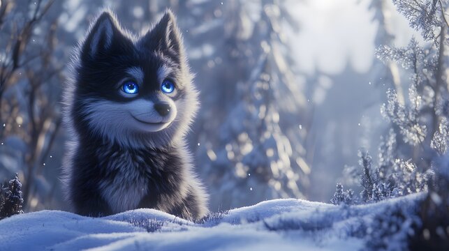 A pomsky with bright blue eyes on a snowy hill