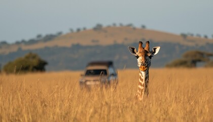 Giraffe in grassland, vehicle in background