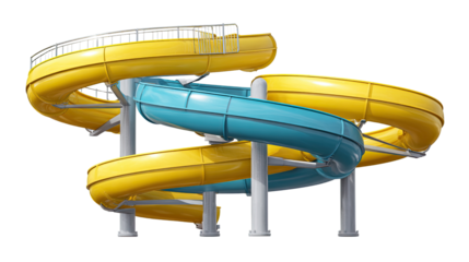 Water Slide: A vibrant, inviting water slide structure, ready for thrilling descents. The playful design and bold colors suggest endless aquatic fun and excitement. 