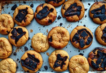 A baking tray holds a chaotic assortment of burnt cookies, ranging from lightly browned to completely charred,  ruined,  treat