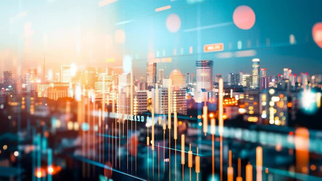 Trading charts with glowing lines representing stocks, forex, and gold prices. Multiple screens display real-time financial graphs, candlestick patterns, and fluctuating indicators.