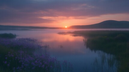 Obraz premium Sunrise over misty lake landscape