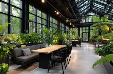 Inside an old greenhouse with black wooden beams, covered in plants and vegetables, a table on the left side with chairs around it