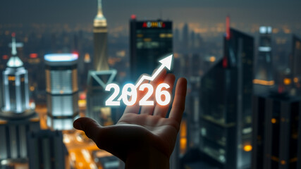 Hand Holding 2026 Futuristic Display Over Cityscape
