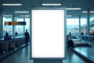 Blank White Billboard In An Airport With Moving Walkways And People, travel advertisement, public display, airport setting