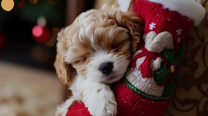 A fluffy puppy sleeping inside a Christmas stocking