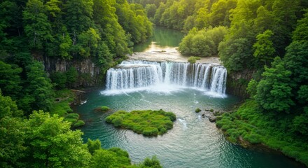 Fototapeta premium Lush waterfall cascading into a tranquil river valley