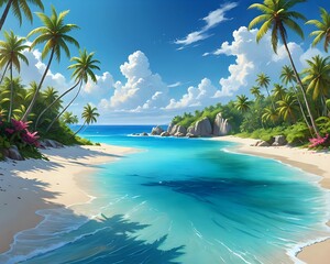 An exotic island paradise with clear blue water, sandy white beaches, swaying palm trees, vibrant tropical flowers, and a clear blue sky, fantasy style