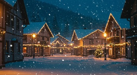 Snowy, glowing winter village at night