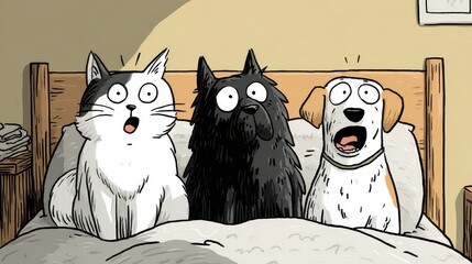 Surprised pets sitting on a bed.