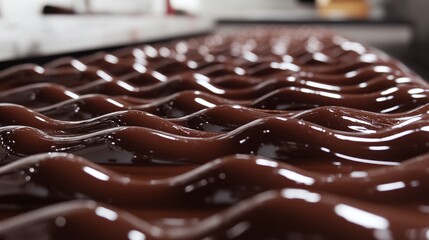 Molten chocolate flowing in a patterned conveyor.