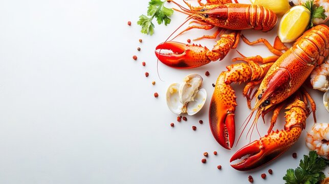 Freshly caught seafood, vibrant crustaceans and citrus.