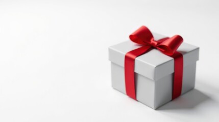 Obraz premium A single light grey gift box with a vibrant red ribbon bow, presented on a pristine white background, ideal for celebratory announcements or special occasion greetings.