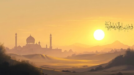 Silhouette of a mosque at sunrise over a desert landscape.  