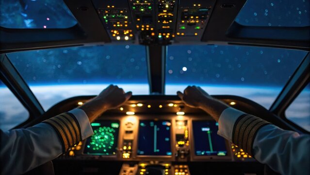 Pilot's hands on controls in a cockpit, with a view of Earth from space, showcasing advanced technology and the vastness of the universe.