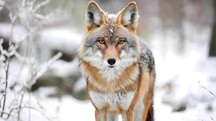Naklejka premium Coyote Standing in Snowy Winter Landscape with Snowflakes on Fur Looking Directly at Camera