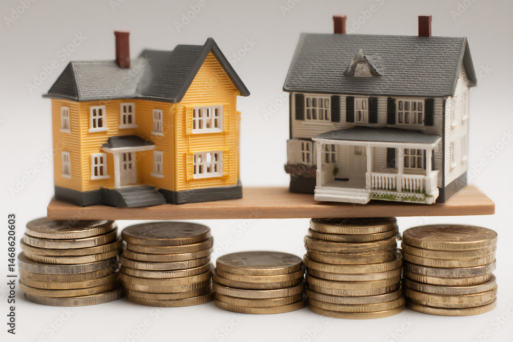 Poster a close-up conceptual photograph on a white background depicting a tiny house model and a standard-s