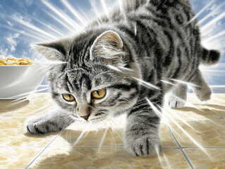 a 3d rendering of a bright morning scene in a kitchen with a playful tabby kitten batting at sunbeams on a tiled floor near a breakfast table with a half-eaten bowl of fo