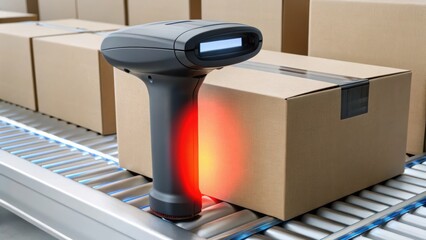 A barcode scanner scans packages on a conveyor belt in a warehouse setting, illustrating modern logistics and inventory management.