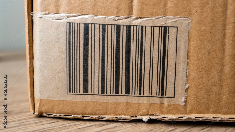 Poster a close-up of a barcode on a cardboard package, showcasing details of the printed lines and texture 