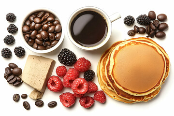 Overhead Shot of Pancakes Coffee Berries and Coffee Beans on White Background