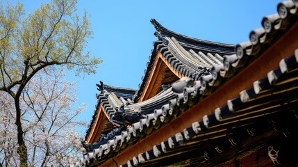 Detailed Asian Architectural Rooftop against Clear Blue Sky with Blossoming Tree Branches