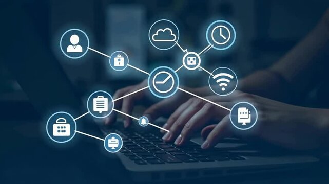 The video shows how a person's hands are typing on a glowing keyboard, and various digital icons hover above them, suggesting online communication and data exchange.