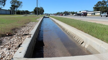 Concrete drainage ditch beside road