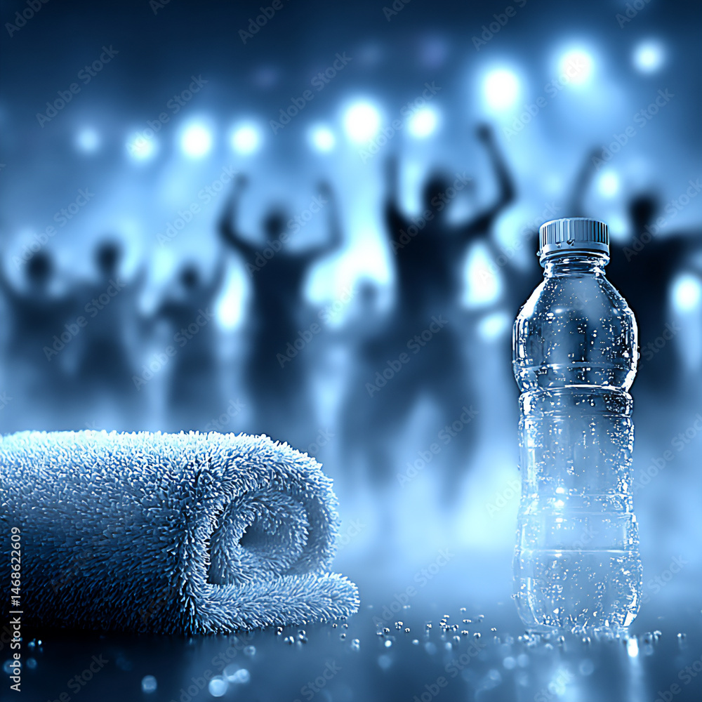 Poster a 3d rendering of a dynamic workout scene with blurred figures exercising energetically, and focus o