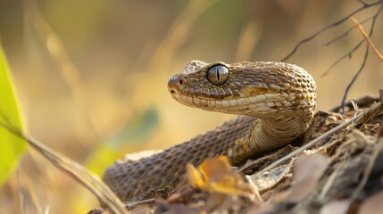 Obraz premium Detailed Close Up of Rhombic Night Adder Snake in Wild with Patterned Scales and Warm Toned Grassy Background Featuring