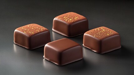 Four square dark chocolate bonbons with gold accents.