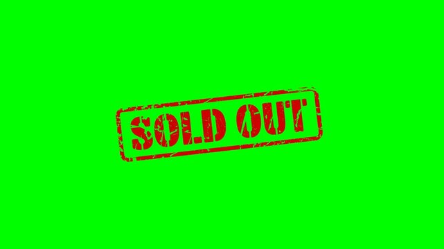 Animated 'Sold Out' rubber stamp seal with bold red text on a green screen background, perfect for indicating out-of-stock items in sales, retail, and promotional content