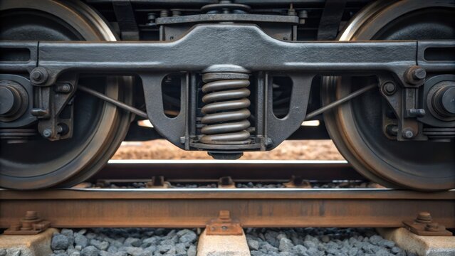 Close-up of train wheels and suspension system, showcasing the mechanical components and tracks beneath.