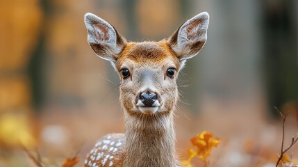 Detailed Portrait of a Speckled Fawn in an Autumn Forest With Soft Light and Blurred Background in Shades of Orange and