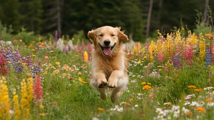 A fluffy golden retriever puppy running through a flower field