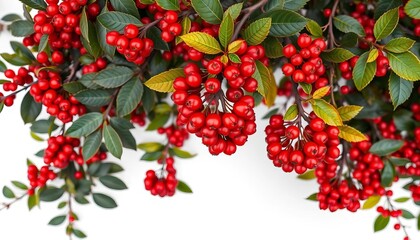 Overhead view of vibrant red chokeberry berries and dark leaves on sprawling branches,  image, overhead