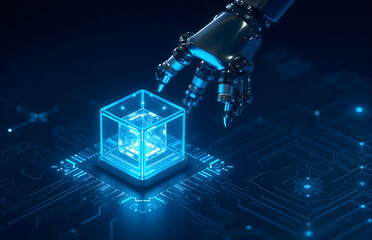 Robotic Arm Interacting with a Digital Cube in a Tech - Inspired Scene