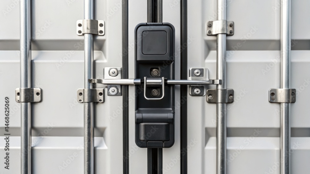 Poster metallic lock and latch on a shipping container, showcasing industrial design and security features.