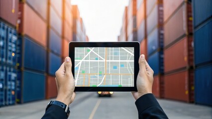 A person holds a tablet displaying a map in a shipping container yard, surrounded by colorful containers.