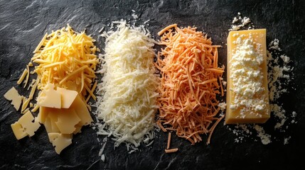Four piles of different shredded cheese types on a dark textured surface.