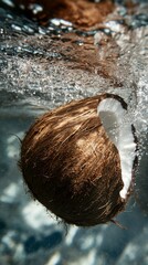 Coconut Splashes into Water Creating Bubbles and Ripples Below Surface