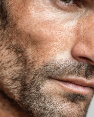 Close-up of male skin with visible pores and stubble. Clean background, natural medical light.