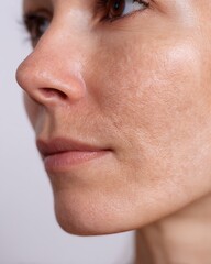 Macro image of combination skin with both oily and dry zones. Natural lighting on a white background.