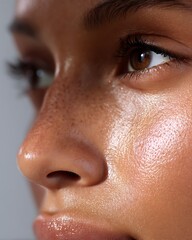 Macro photo of oily skin with visible large pores. Clean white background, high clarity, natural skin shine.