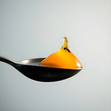 white background A close-up, hyper-realistic photograph of a shiny stainless steel tablespoon filled with golden, viscous honey. The honey glistens under soft, honey spoon on a white background