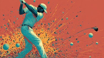Energetic golfer in motion against a vibrant background.