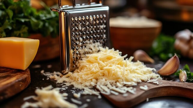 Grated cheese with grater on wooden board with garlic and herbs.