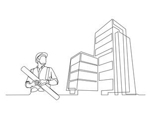 Continuous single line drawing of civil engineer reading blueprint paper and company corporate building. Architect reading blueprint paper single line vector illustration. Editable outline.